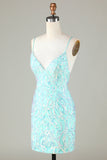 Sparkly Tight Spaghetti Straps Green Short Ball Dress with Backless