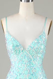 Sparkly Tight Spaghetti Straps Green Short Ball Dress with Backless