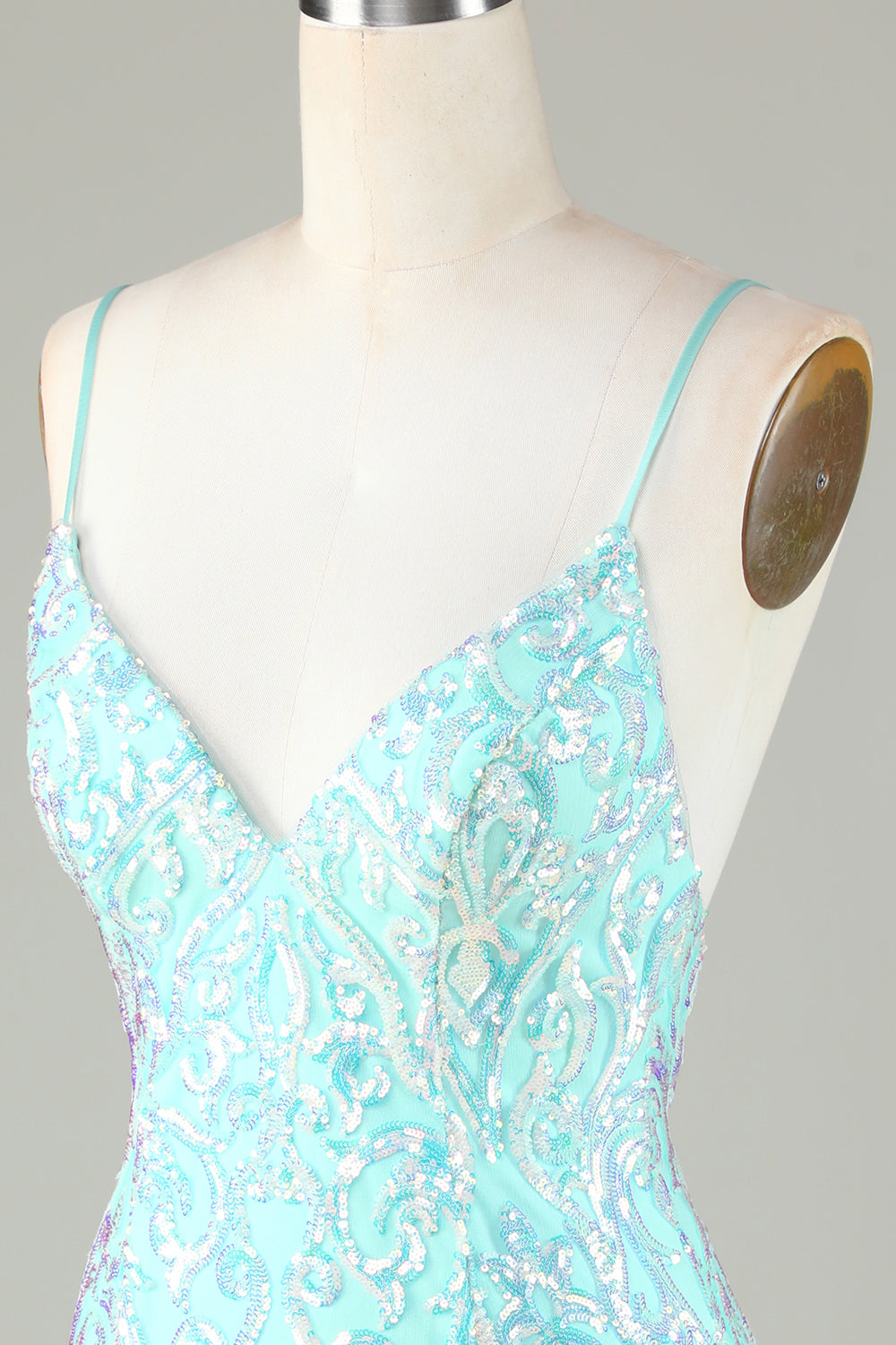 Sparkly Tight Spaghetti Straps Green Short Ball Dress with Backless