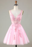 Pink Glitter Cute Short Ball Dress with Appliques