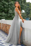 Grey V-Neck Beaded Long Ball Dress
