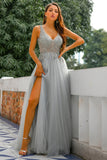 Grey V-Neck Beaded Long Ball Dress