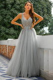 Grey V-Neck Beaded Long Ball Dress