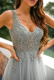 Grey V-Neck Beaded Long Ball Dress