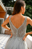 Grey V-Neck Beaded Long Ball Dress