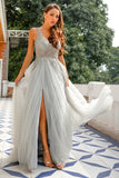Grey V-Neck Beaded Long Ball Dress