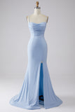 Light Blue Sparkly Mermaid Spaghetti Straps Long Ball Dress with Slit