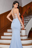 Sparkly Mermaid Spaghetti Straps Light Blue Ball Dress with Slit