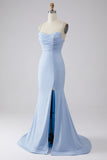 Light Blue Sparkly Mermaid Spaghetti Straps Long Ball Dress with Slit