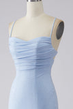 Light Blue Sparkly Mermaid Spaghetti Straps Long Ball Dress with Slit