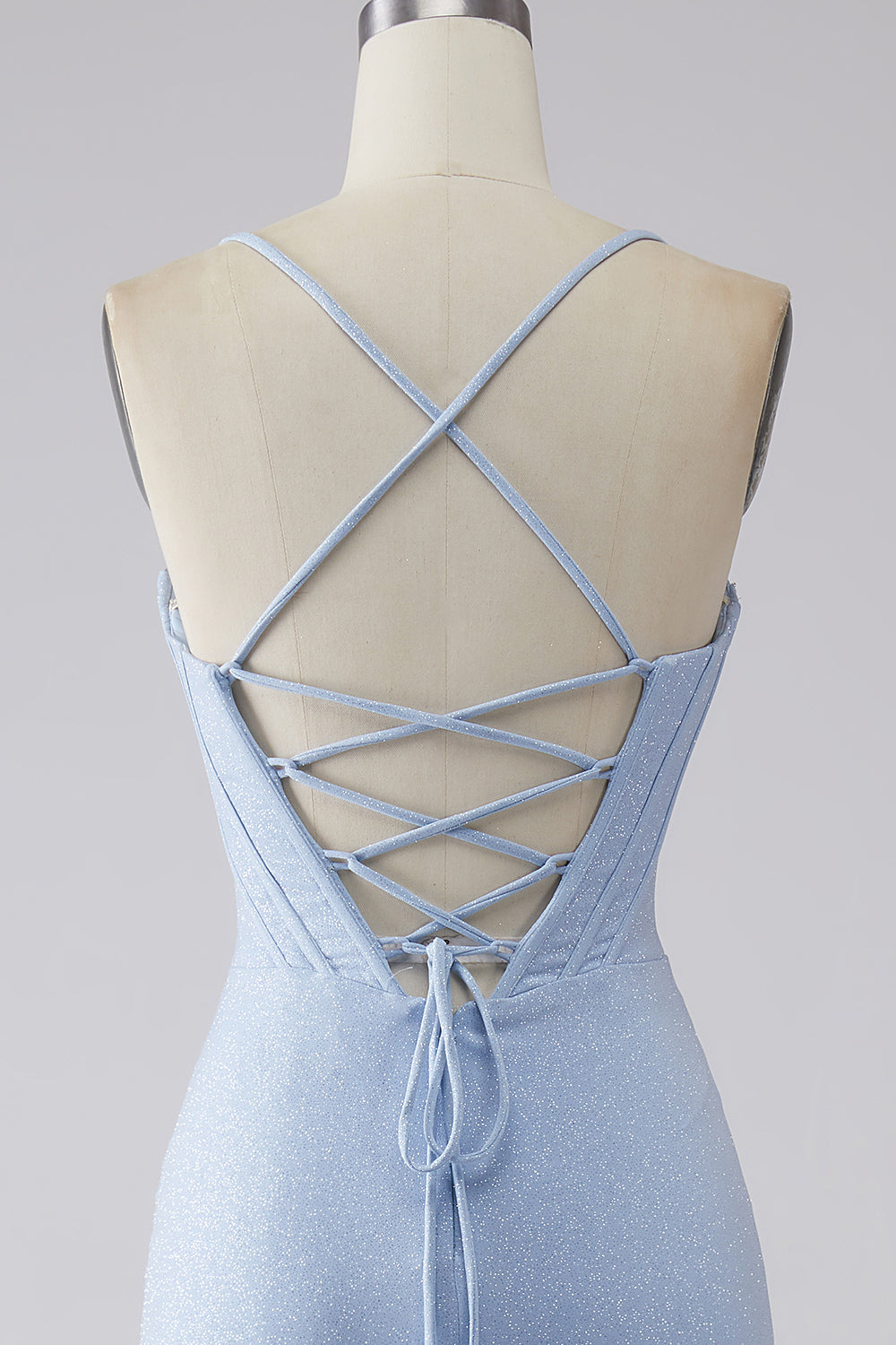 Light Blue Sparkly Mermaid Spaghetti Straps Corset Ball Dress with Slit