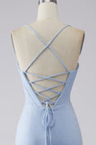 Light Blue Sparkly Mermaid Spaghetti Straps Corset Ball Dress with Slit