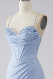 Light Blue Sparkly Mermaid Spaghetti Straps Corset Ball Dress with Slit