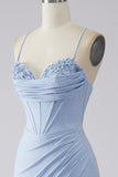 Light Blue Sparkly Mermaid Spaghetti Straps Corset Ball Dress with Slit