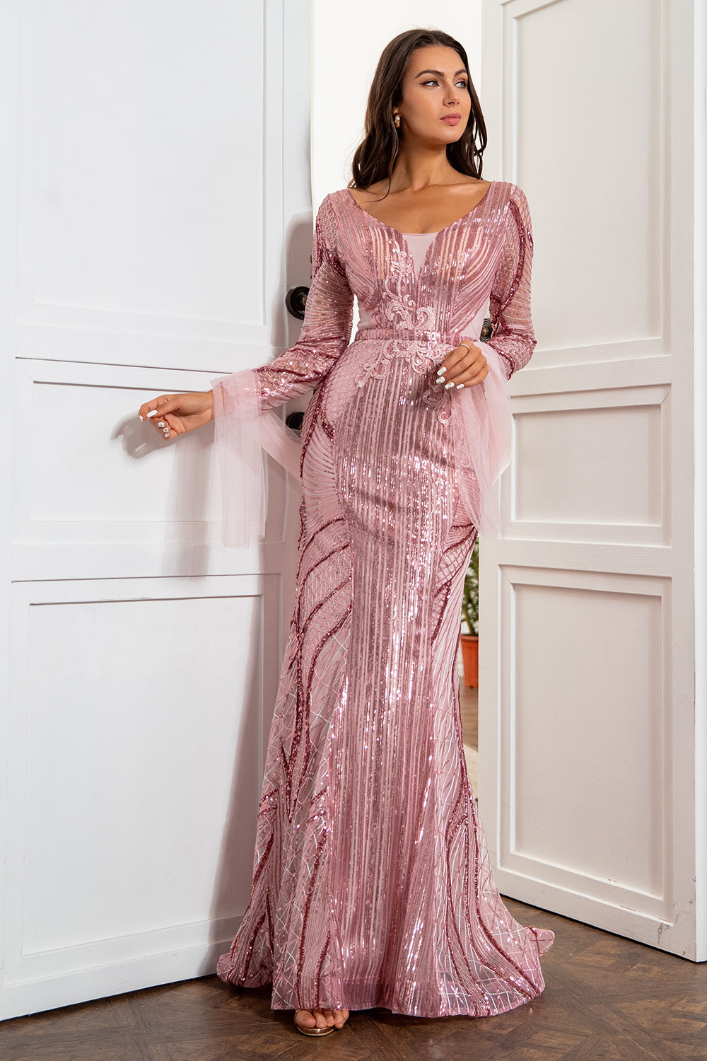 Mermaid V Neck Blush Sequins Mother Dress