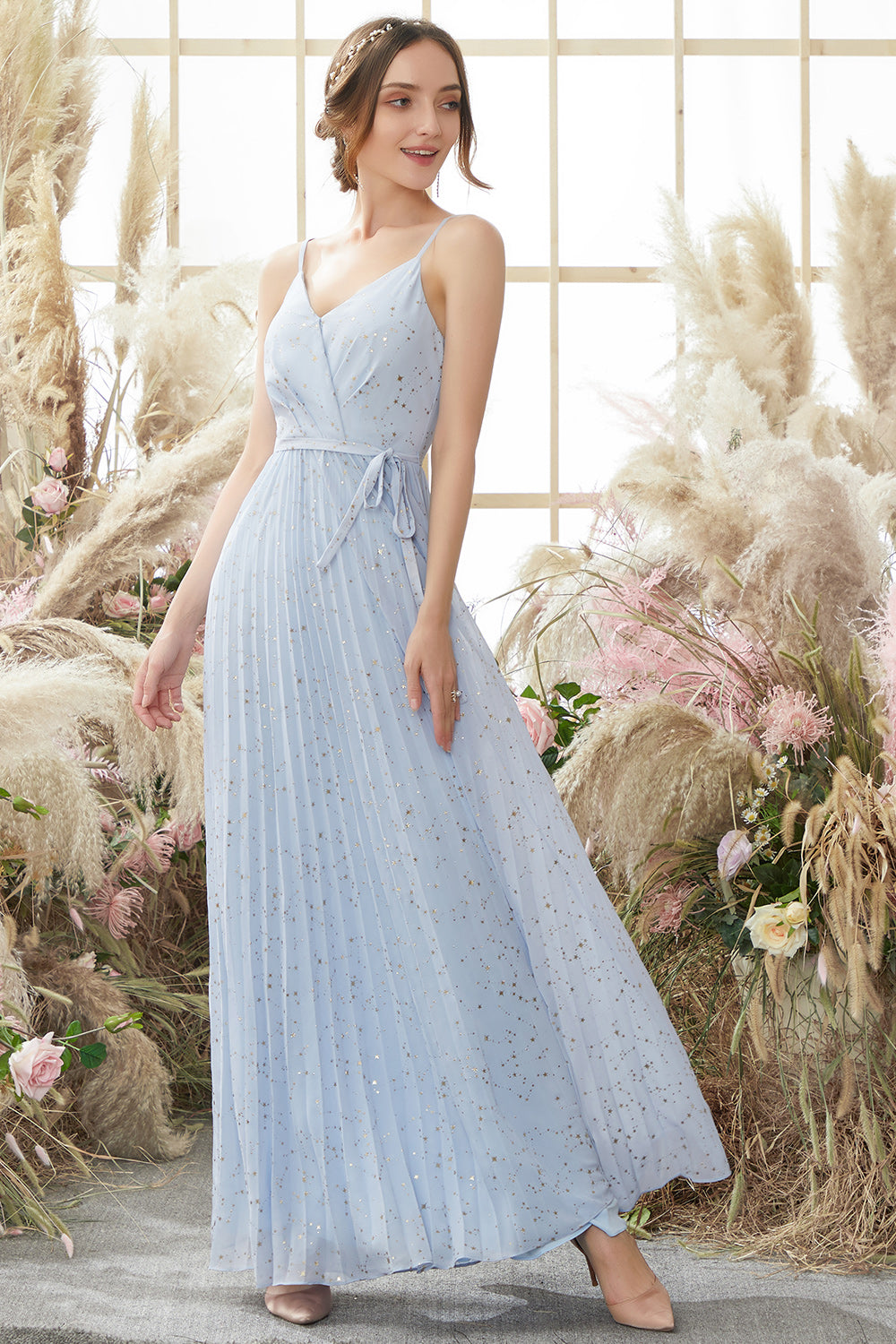 Light Sky Blue V Neck Glitter Ball Dress