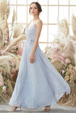 Light Sky Blue V Neck Glitter Ball Dress