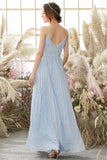 Light Sky Blue V Neck Glitter Ball Dress