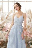 Light Sky Blue V Neck Glitter Ball Dress