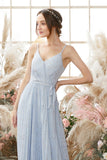 Light Sky Blue V Neck Glitter Ball Dress