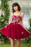 Burgundy A Line Spaghetti Straps Cocktail Dress With 3D Flowers