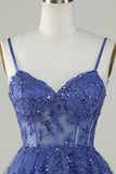 Cute A Line Spaghetti Straps Dark Blue Sparkly Corset Cocktail Dress