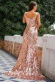 Glittery Champagne Sequins Long Ball Dress