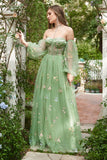 Green A-Line Off The Shoulder Long Sleeves Ball Dress