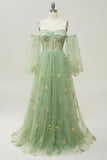 Green Off The Shoulder Long Sleeves A-Line Ball Dress
