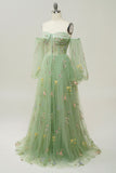 Green Off The Shoulder Long Sleeves A-Line Ball Dress