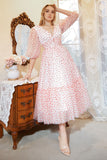 A Line Deep V Neck White Red Dot Tea Length Ball Dress