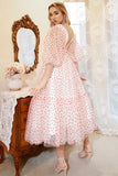A Line Deep V Neck White Red Dot Tea Length Ball Dress