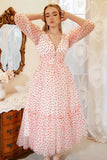 A Line Deep V Neck White Red Dot Tea Length Ball Dress