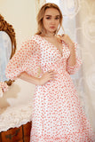 A Line Deep V Neck White Red Dot Tea Length Ball Dress