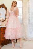 A Line Deep V Neck White Red Dot Tea Length Ball Dress