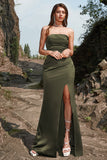 Sheath Strapless Olive Long Ball Dress with Split Front