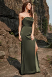 Sheath Strapless Olive Long Ball Dress with Split Front