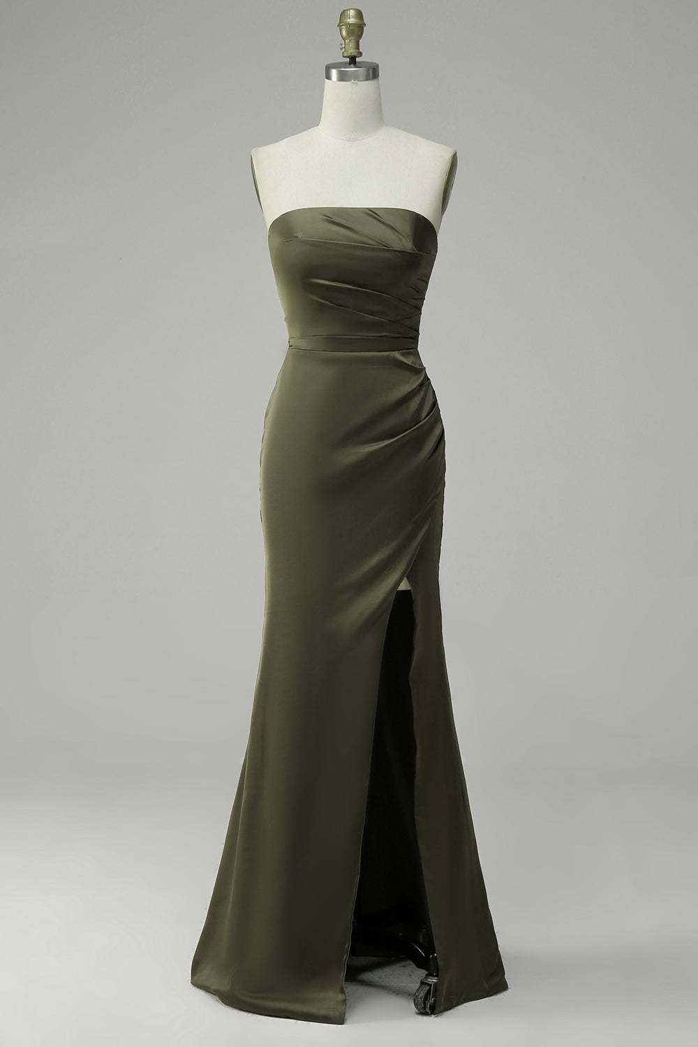 Olive Strapless Satin Ball Dress with Slit