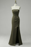 Olive Strapless Satin Ball Dress with Slit