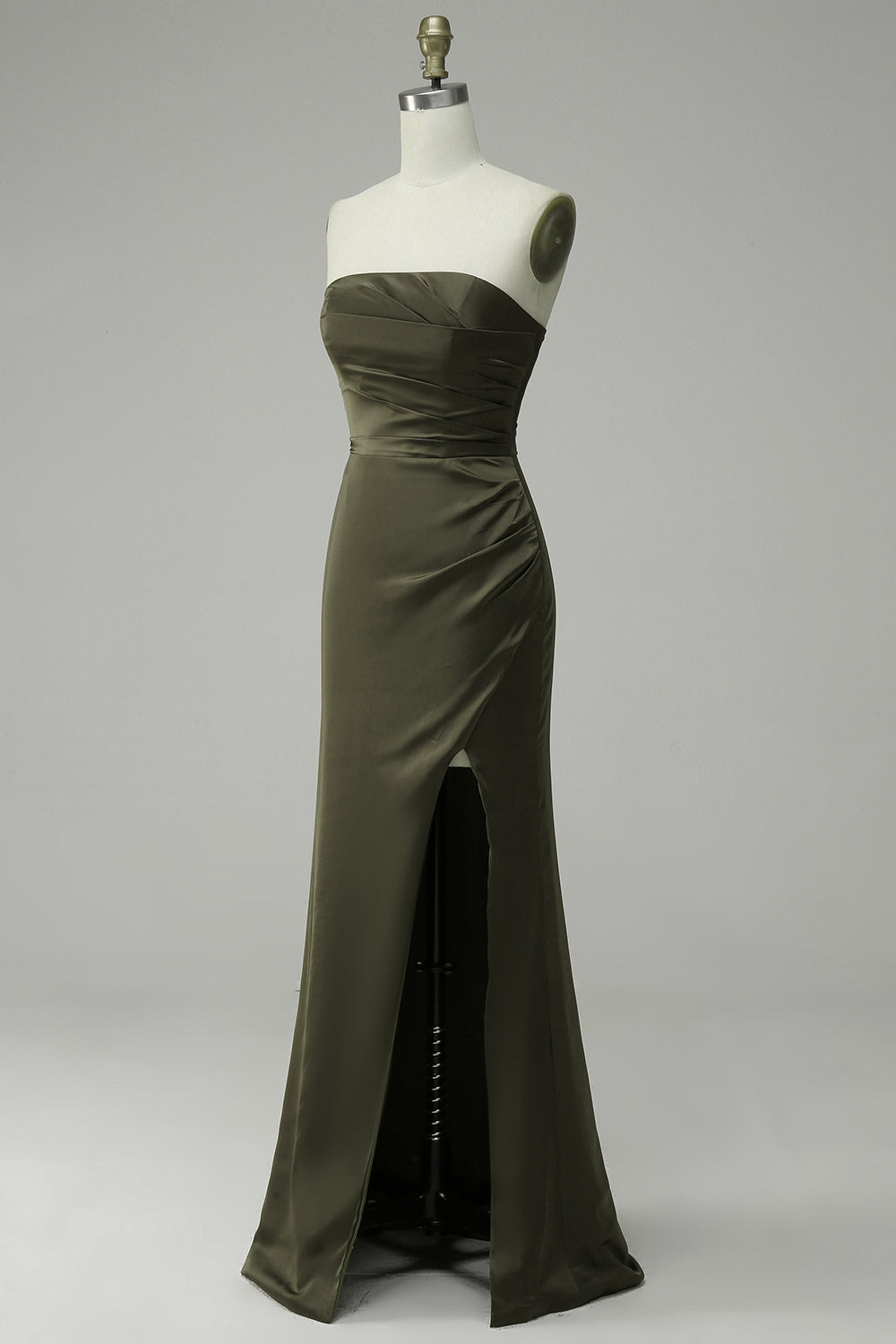 Olive Strapless Satin Ball Dress with Slit