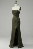 Olive Strapless Satin Ball Dress with Slit
