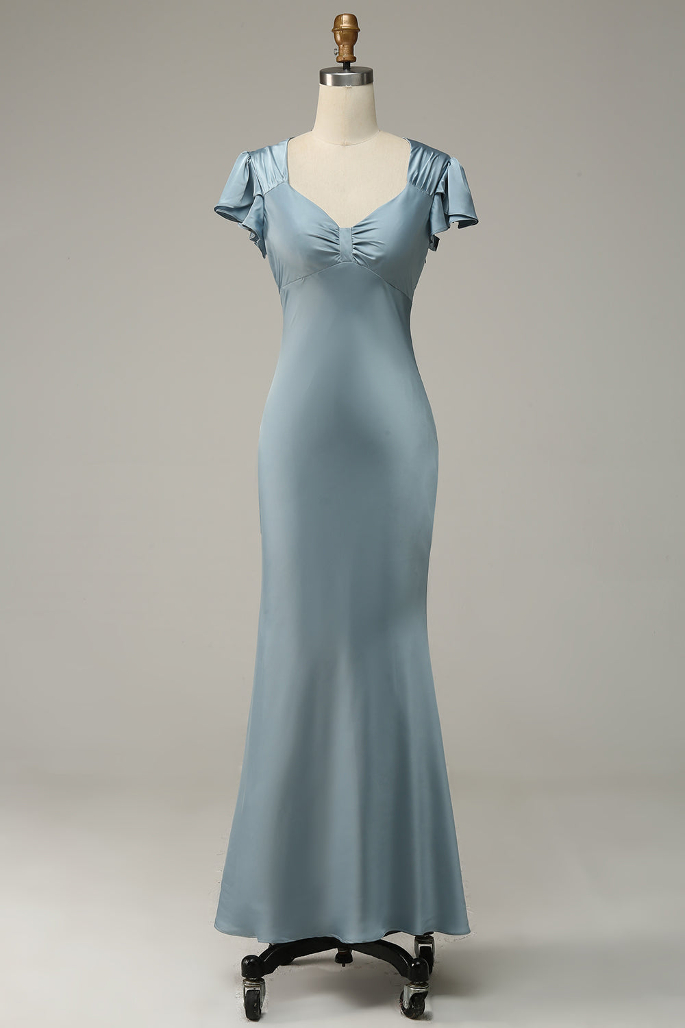 Grey Blue Sheath Satin Simple Ball Dress with Ruffles