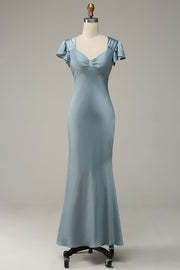Grey Blue Sheath Satin Simple Ball Dress with Ruffles