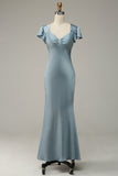 Grey Blue Sheath Satin Simple Ball Dress with Ruffles