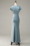 Grey Blue Sheath Satin Simple Ball Dress with Ruffles