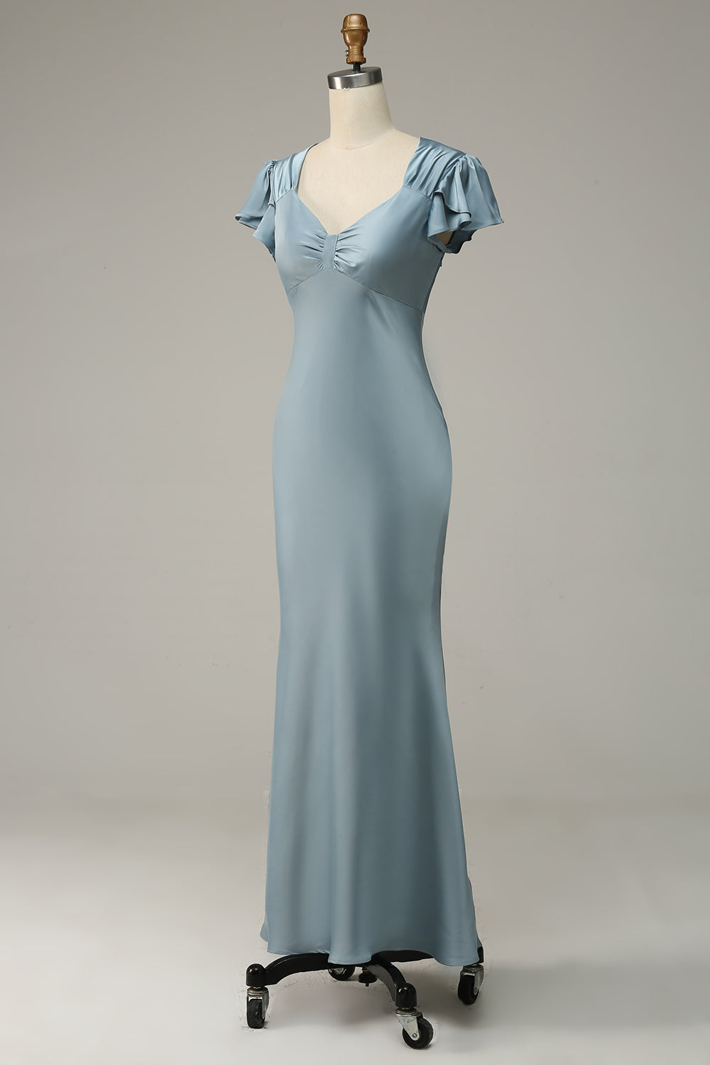 Grey Blue Sheath Satin Simple Ball Dress with Ruffles