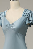 Grey Blue Sheath Satin Simple Ball Dress with Ruffles