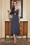 Black Spaghetti Straps Midi Simple Ball Dress with Hollow Out