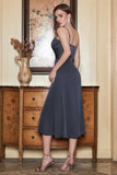 Black Spaghetti Straps Midi Simple Ball Dress with Hollow Out