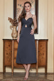 Black Spaghetti Straps Midi Simple Ball Dress with Hollow Out